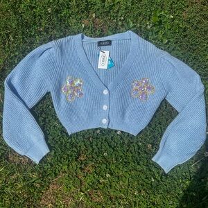 NWT | Cider Light Blue Cardigan with Sequin Flowers